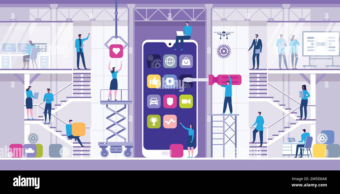 Mobile app development concept with characters. Developers building mobile apps and working together on a user interface, communication and technology Stock Vector