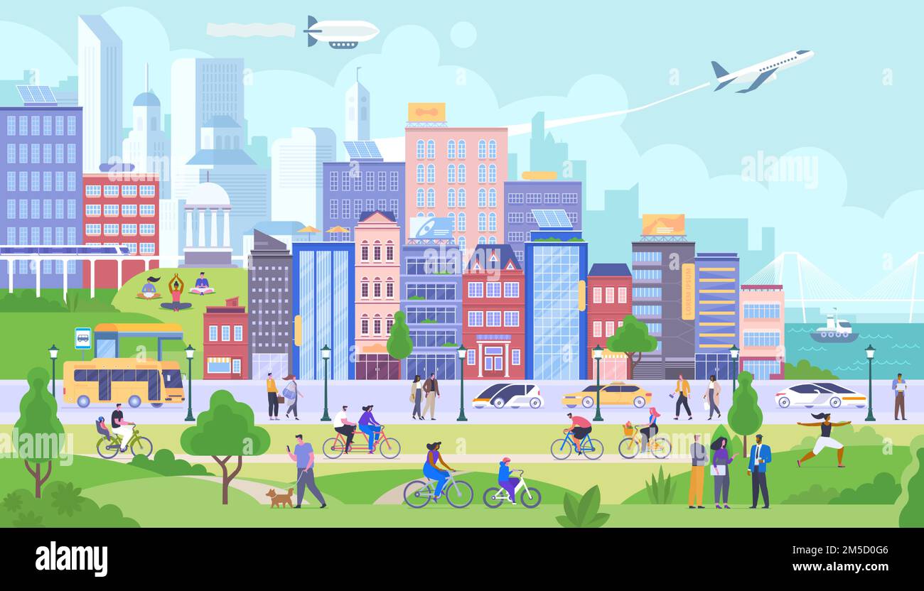 Modern city panorama flat vector illustration. Happy citizens cartoon characters. Smiling people rest in public park. Happy urban life, different acti Stock Vector