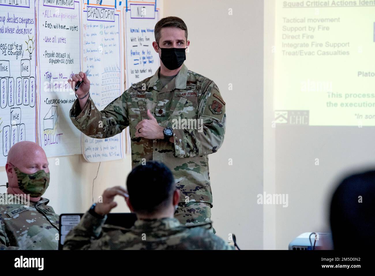 U.S. Air Force Maj. Karl Hurdle, air advisor team lead with the 137th Special Operations Group, Oklahoma Air National Guard about their unit training management objectives during a joint partnership strategic planning and unit training management event March 2, 2022, Baku, Azerbaijan. This is the beginning of a doctrinal training plan the Oklahoma National Guard is preparing for the Azerbaijan Peacekeeping Brigade intended to cover military decision making processes. Stock Photo