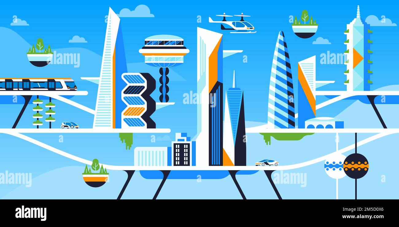 Environmentally safe city flat vector illustration. Future metropolis, cityscape with futuristic architecture and transportation. Skyscrapers and eco Stock Vector
