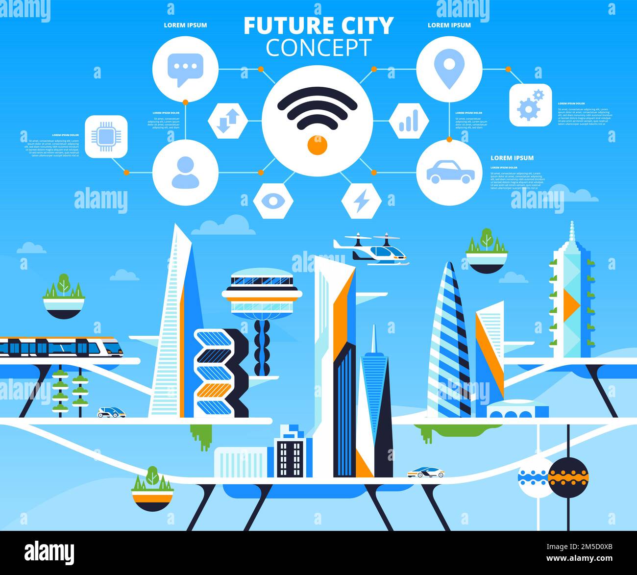 High tech city flat banner vector template. Smart metropolis, eco friendly innovations concept. Smart metropolis, IOT poster layout. Futuristic buildi Stock Vector