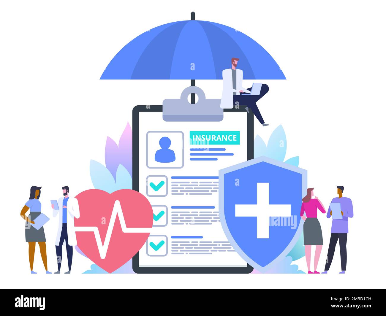 Health insurance protection. Care medical with decorated small people