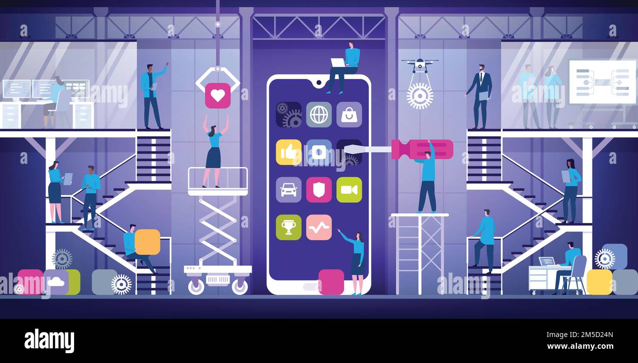 Mobile app development concept with characters. Developers building mobile apps and working together on a user interface, communication and technology Stock Vector