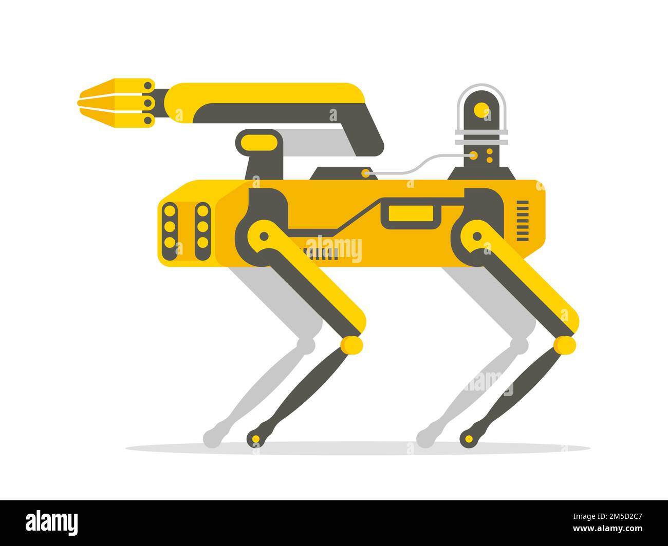 The mechanical robot dog with manipulator, sensing camera and battery. Industrial sensing and remote operation needs. Innovation in high technology. V Stock Vector