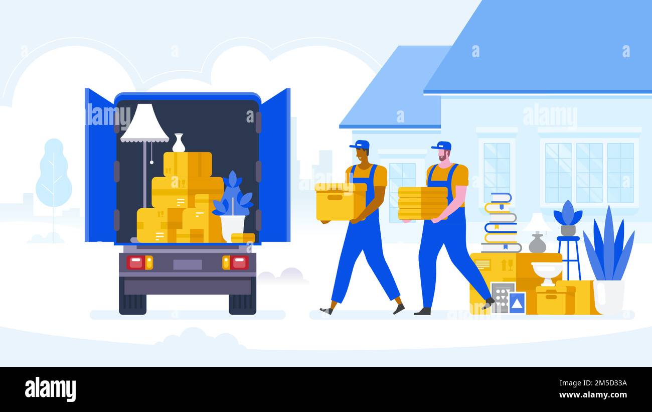 Moving house service. Moving with sofa and various boxes to new home