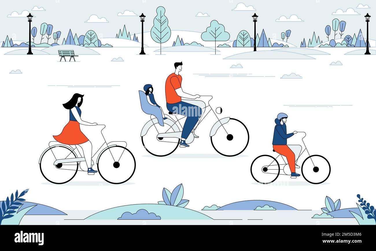 Sports and leisure outdoor activity. Cute family riding bicycles. Mom ...