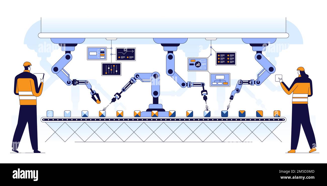 Automated conveyor line flat vector illustration. Modern production revolution, industry 4.0 concept. Innovative assembling process technology. Futuri Stock Vector