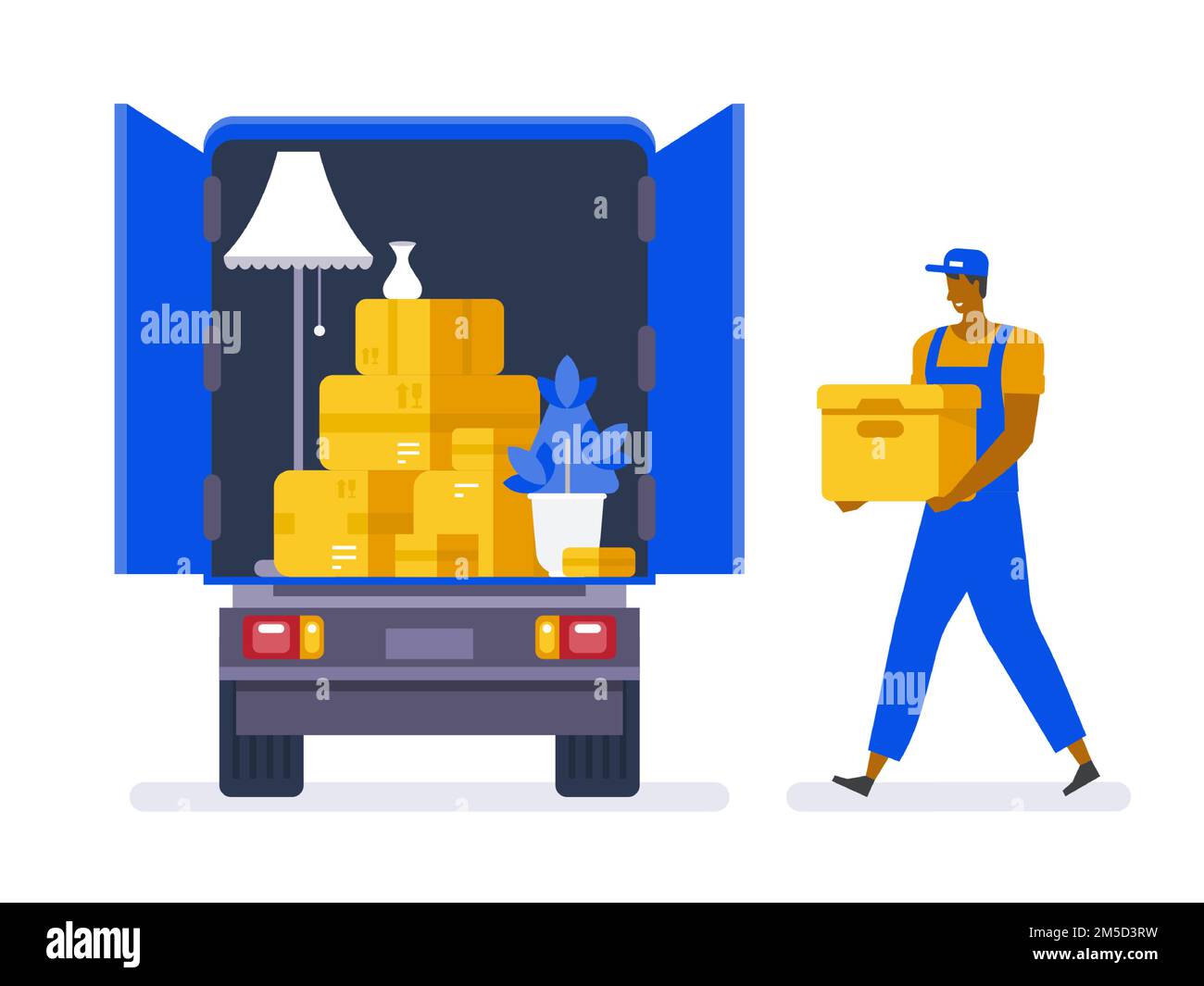 Moving house service. Moving with sofa and various boxes to new home. Pile of stacked cardboard boxes. Vector stock illustration in flat style. Stock Vector