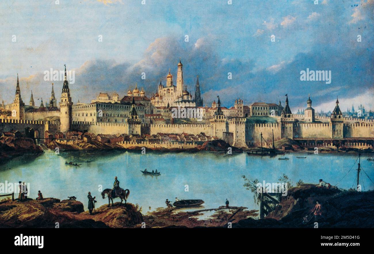 Painting By Russian Architectural Painter Karl Rabus, View Of Moscow In Times Of Peter The Great. Stock Photo