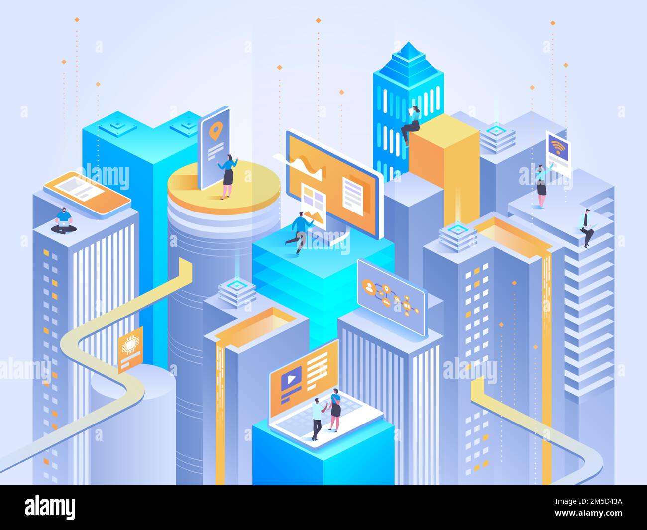Smart city isometric illustration. Intelligent buildings. Streets of