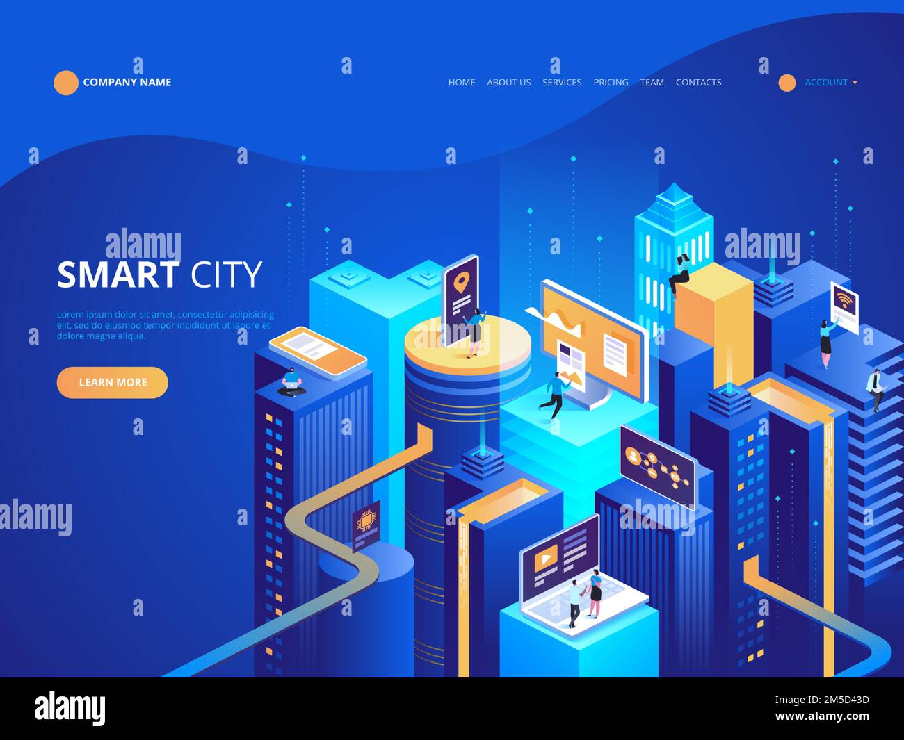 Smart city isometric illustration. Intelligent buildings. Streets of