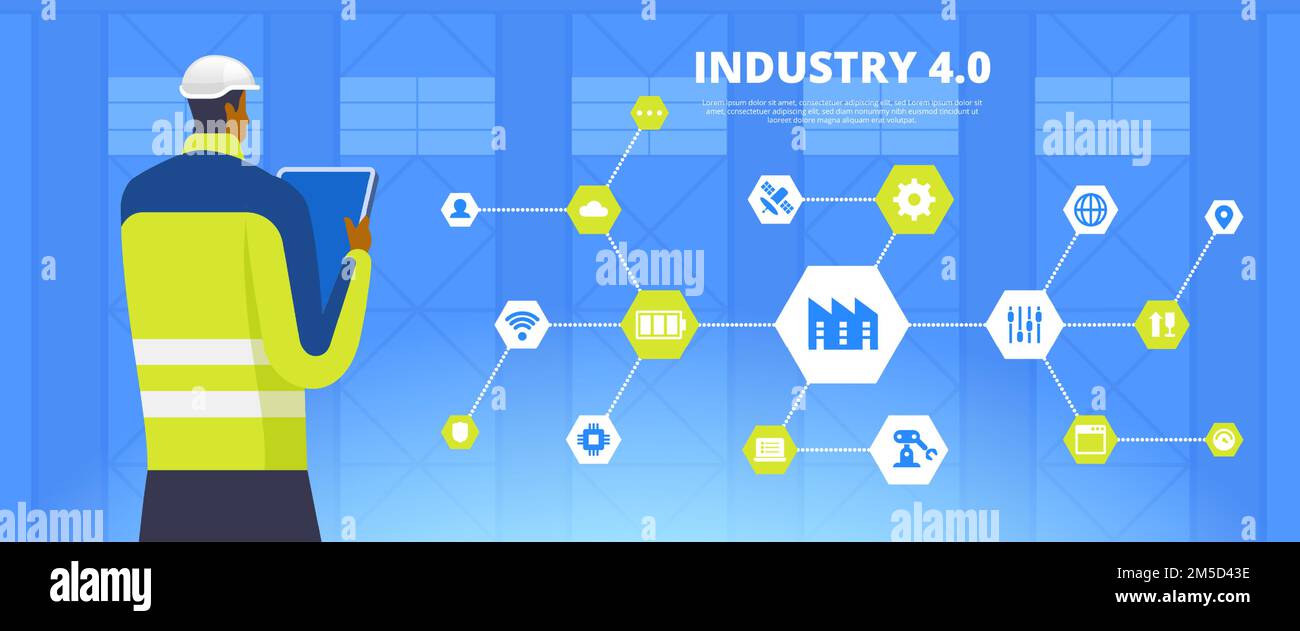Industry 4.0 flat banner vector template. Modern factory worker cartoon