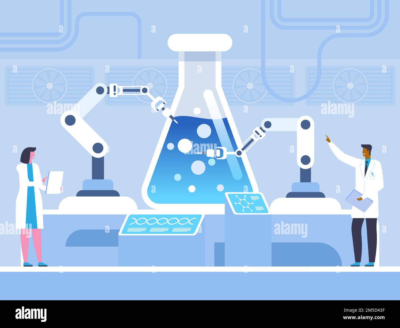 Biochemical experiment flat vector illustration. Doctors, chemists in