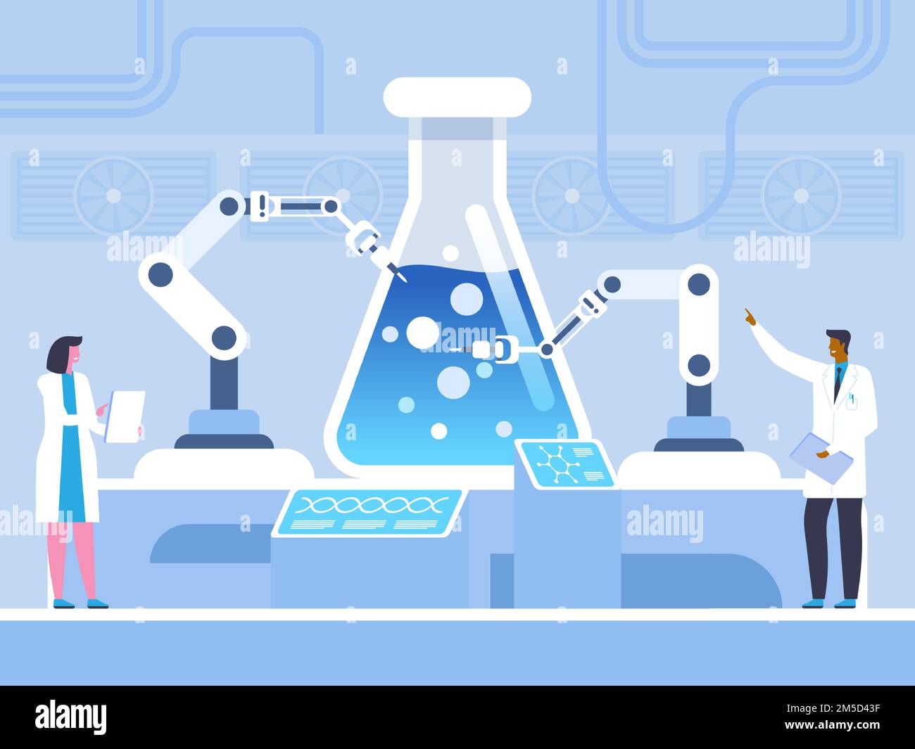 Biochemical experiment flat vector illustration. Doctors, chemists in white coats cartoon characters. Scientists studying chemical reaction, genetic e Stock Vector