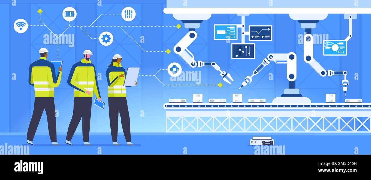 Conveyor inspection flat vector illustration. Futuristic factory