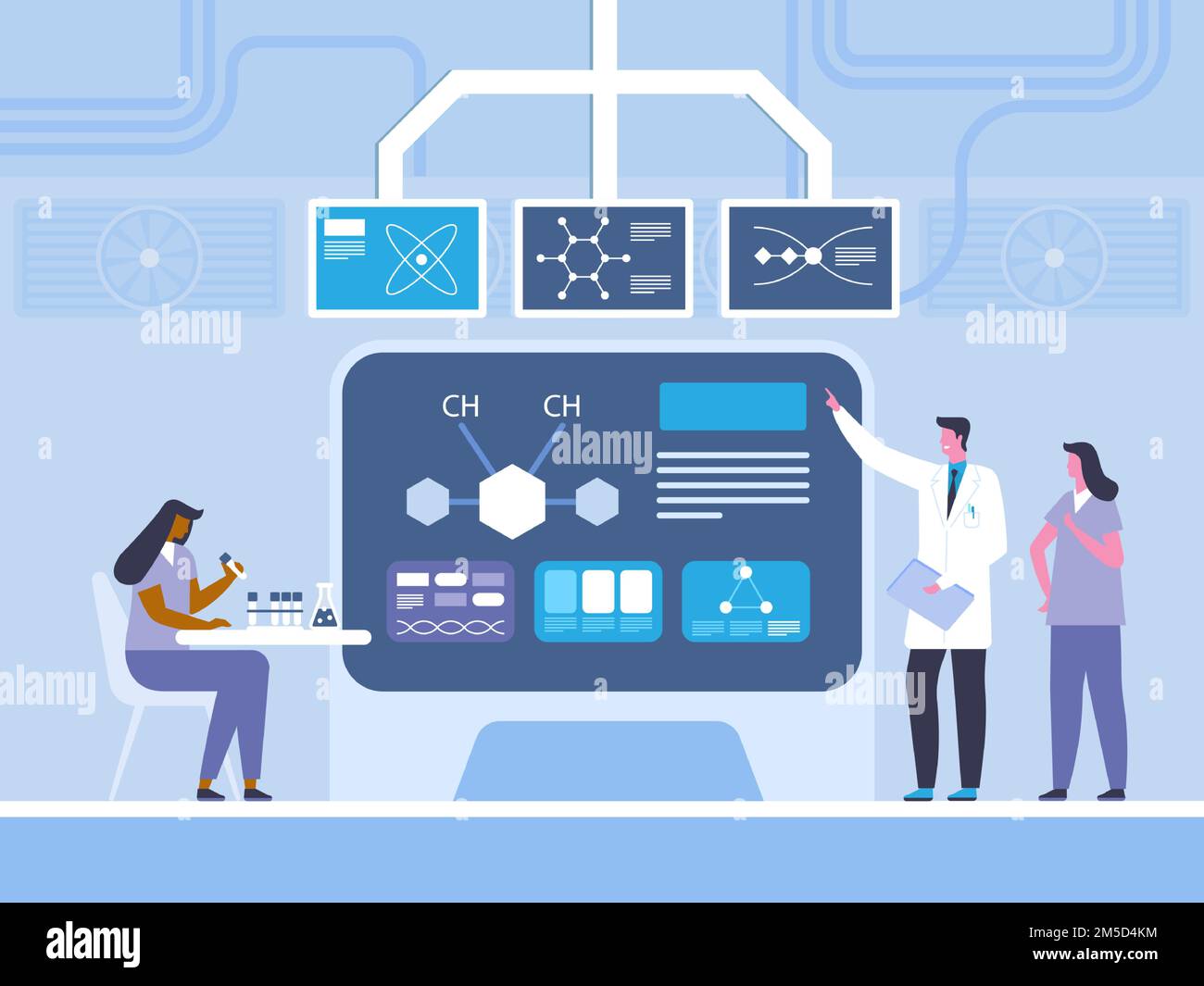 Biochemistry research flat vector illustration. Doctor, chemist with assistants  cartoon characters. Scientists studying molecule, laboratory experime Stock Vector