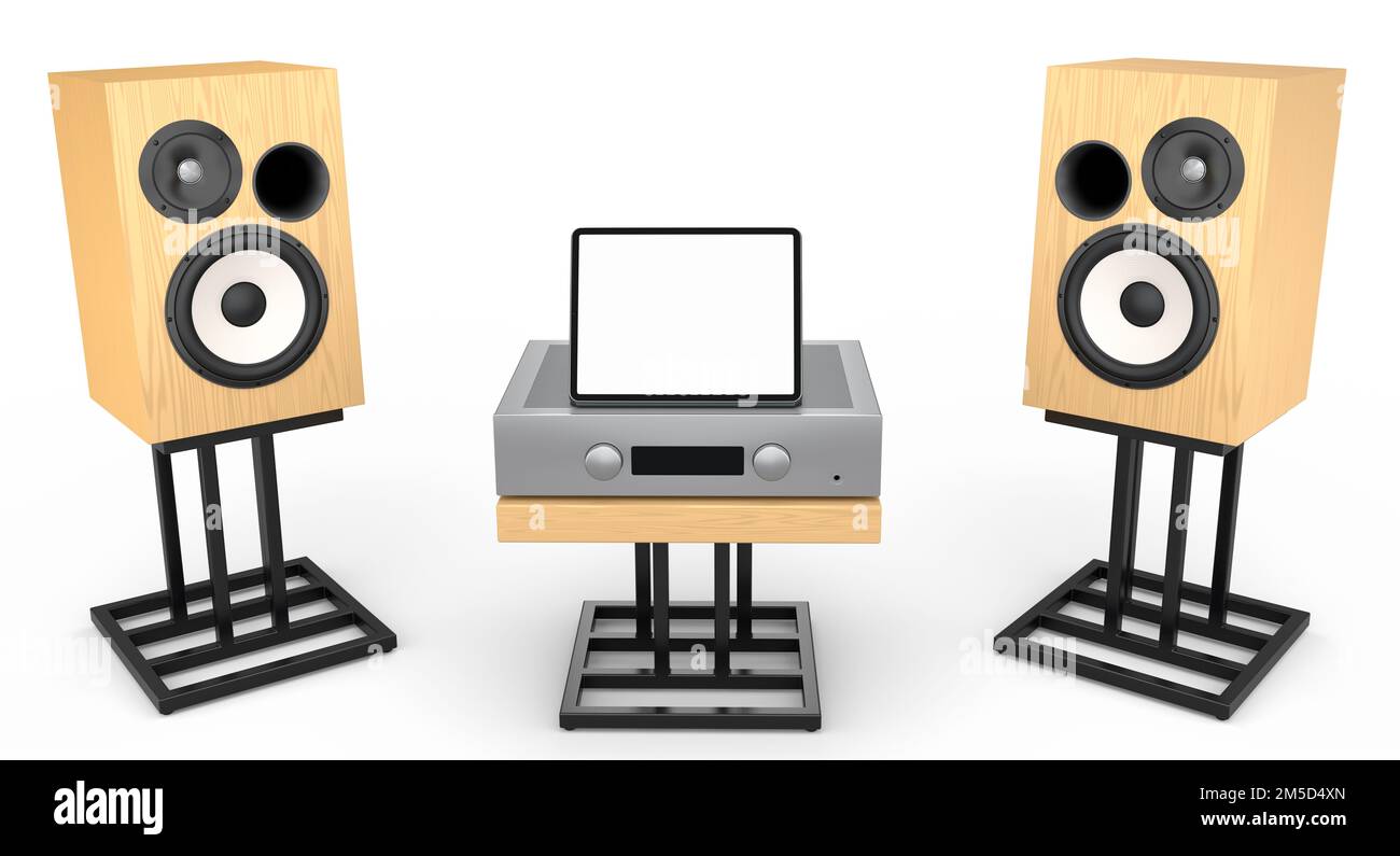 Set of Hifi speakers and DJ turntable for sound recording studio on