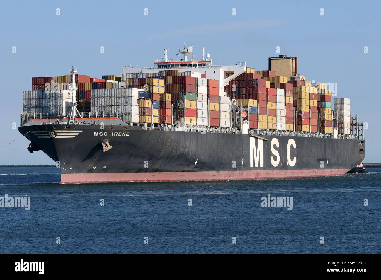 The container ship MSC Irene arrives in the port of Rotterdam on August 31, 2022. Stock Photo