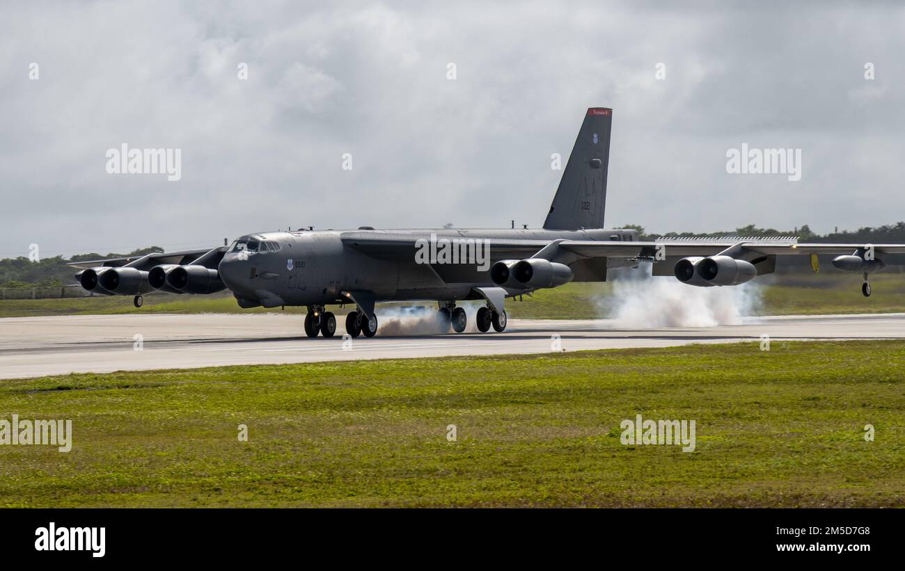 A U.S. Air Force B-52H Stratofortress from the 96th Expeditionary Bomb Squadron lands after completing a Bomber Task Force mission at Andersen Air Force Base, Guam, Mar. 4, 2022. Bomber missions provide opportunities to train with allies and partners in joint and coalition operations. Stock Photo