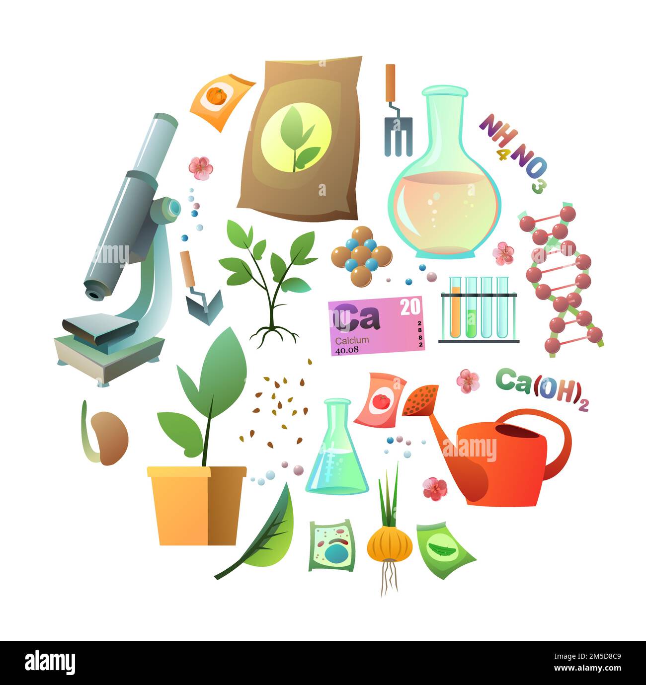 Chemistry and natural fertilizers picture in form of circle. Introduction of mineral and organic top dressing to increase yield of vegetables and frui Stock Vector
