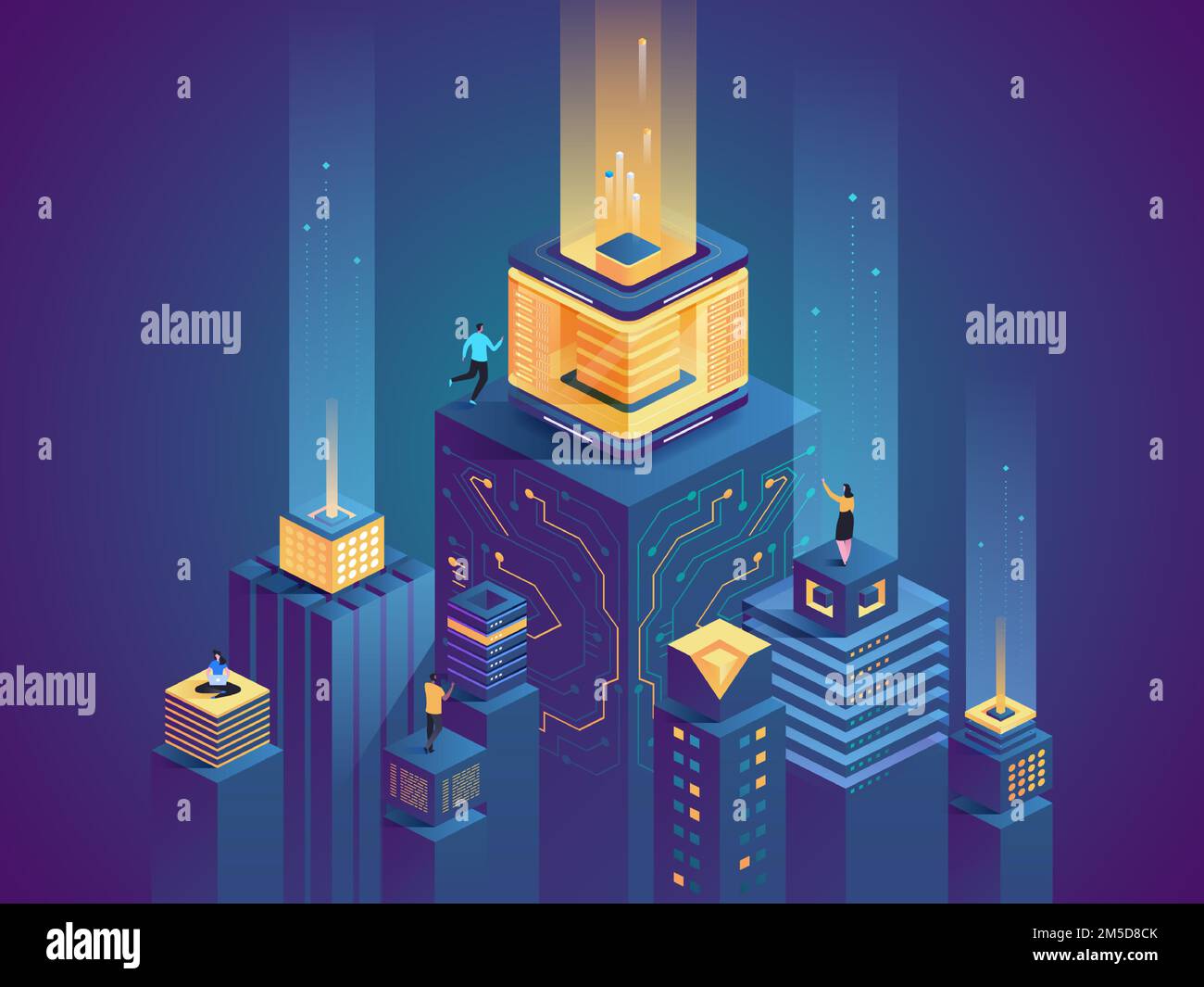 Smart city buildings flat isometric illustration. Men and women working in cyberspace 3D cartoon characters. Futuristic technology, server farm vector Stock Vector