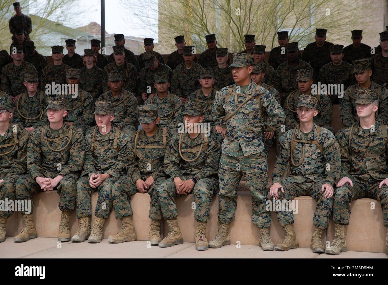 U.S. Marine Corps Lance Cpl. Zenon Garcia Lopez asks Sgt. Maj. Troy E