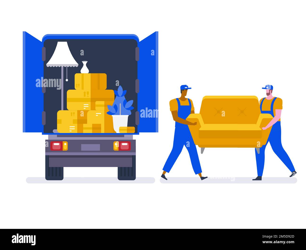 Moving house service. Moving with sofa and various boxes to new home