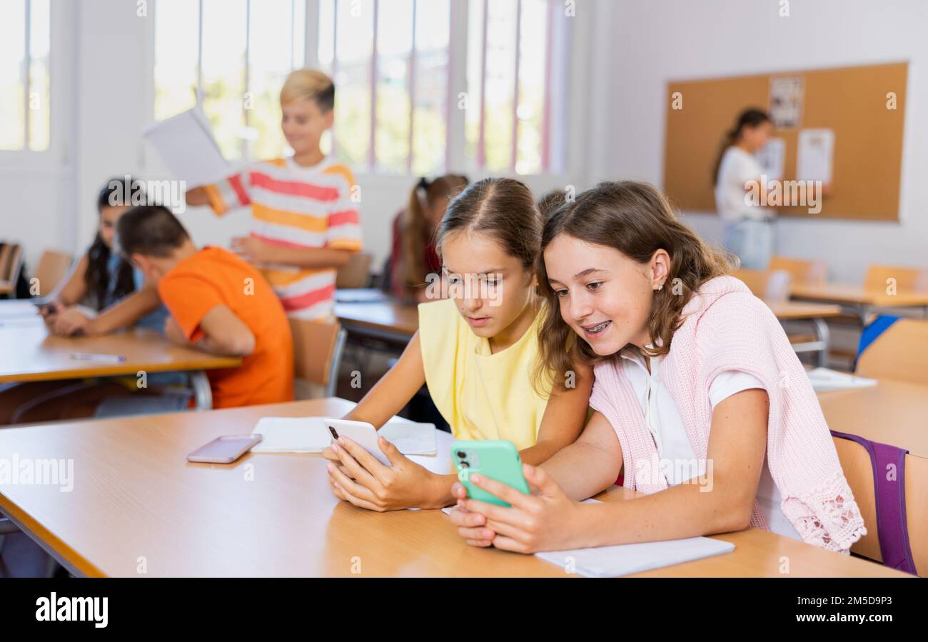 Girls studying subjects in school Stock Photo