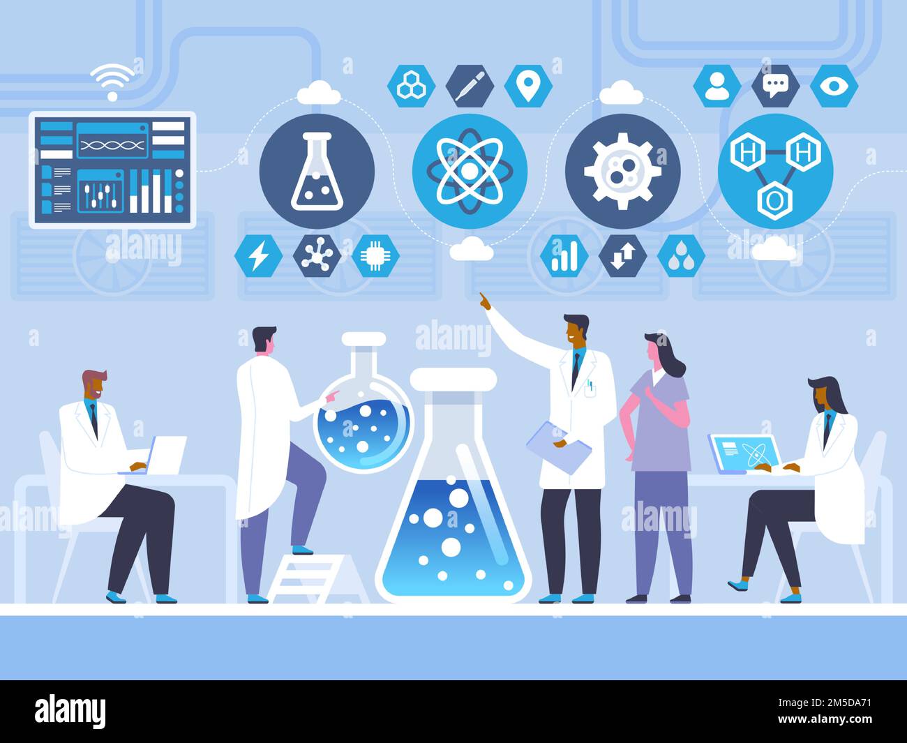 Chemistry laboratory test flat vector illustration. Doctors and assistant cartoon characters. Chemist, scientist profession. Chemical experiment, reac Stock Vector
