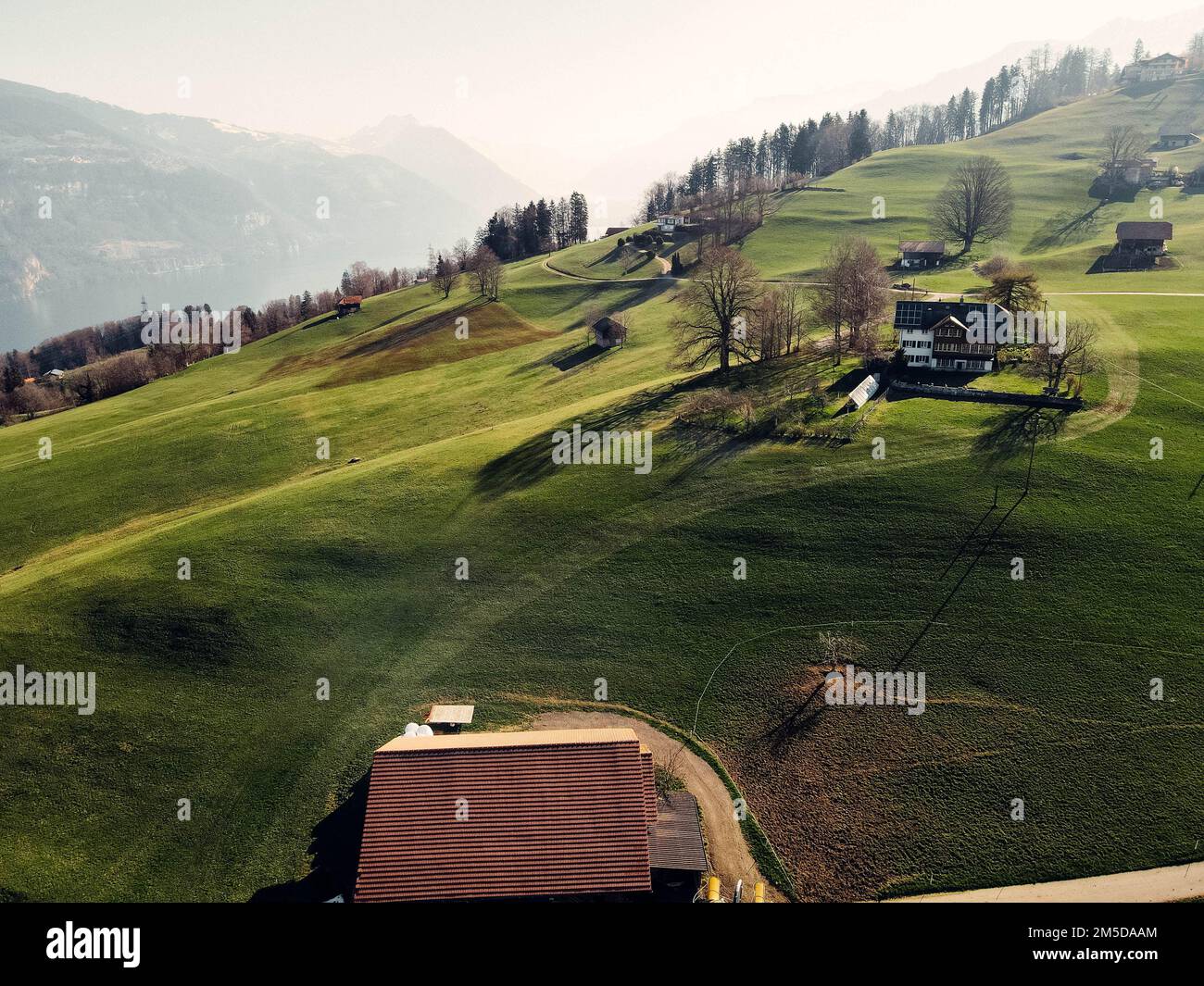 Swiss mountain fields in Aeschi, as perfect as windows XP wallpaper Stock Photo