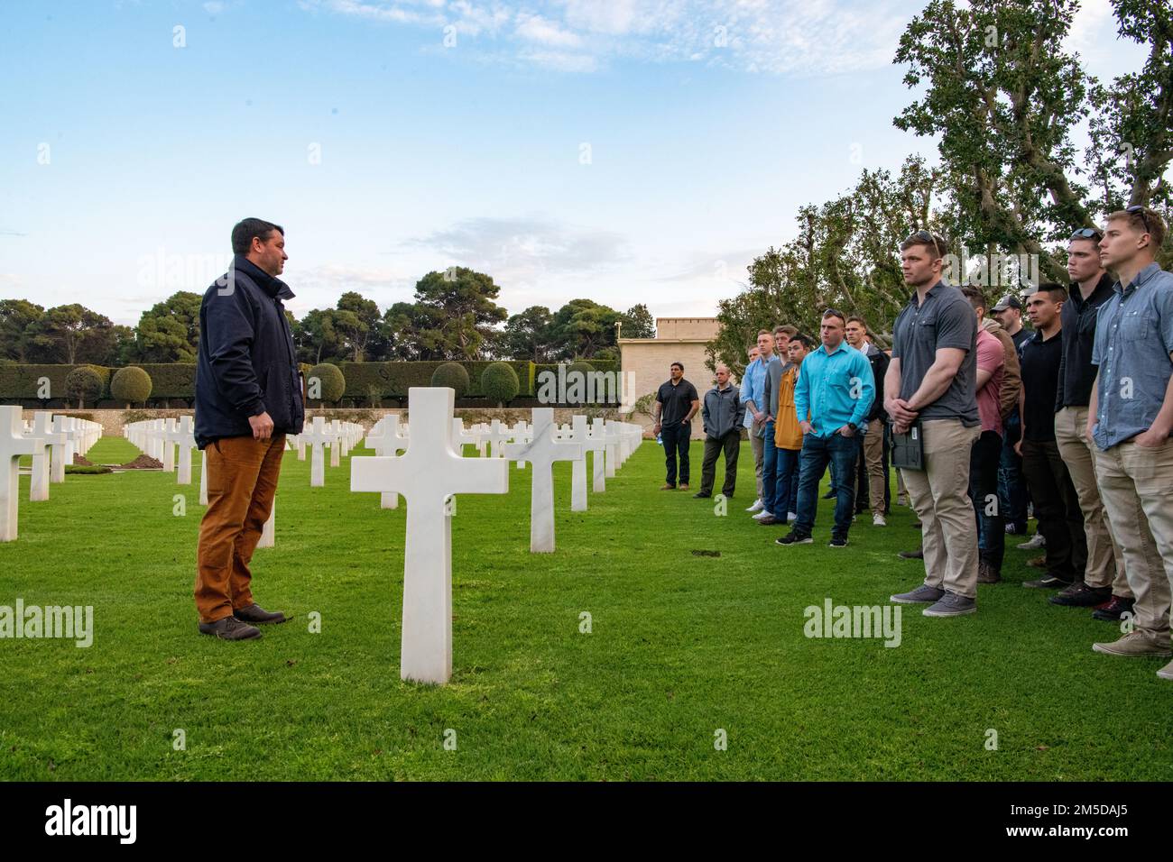 U.S. Army paratroopers assigned to 1st Squadron, 91st Cavalry Regiment (Airborne) visit the North African American Cemetery in Tunis, Tunisia on March 3, 2022.    The 173rd Airborne Brigade is the U.S. Army's Contingency Response Force in Europe, providing rapidly deployable forces to the United States European, African, and Central Command areas of responsibility. Forward deployed across Italy and Germany, the brigade routinely trains alongside NATO allies and partners to build partnerships and strengthen the alliance. Stock Photo