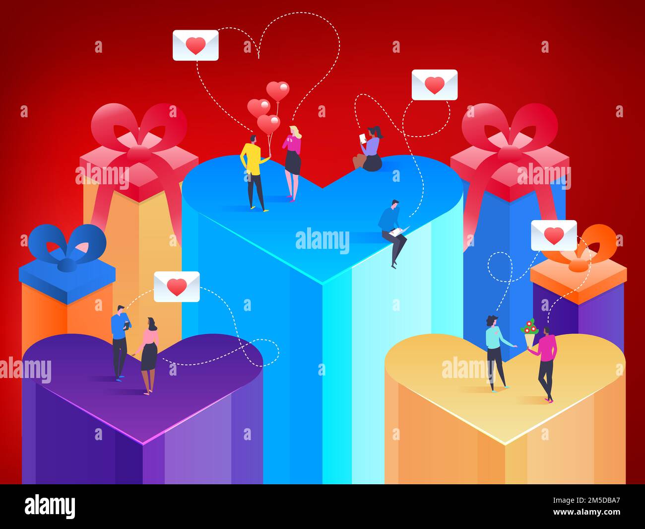 Happy valentines day. Heart in isometric style. Love is in the air. Small people messaging to each other. Vector illustration. Stock Vector
