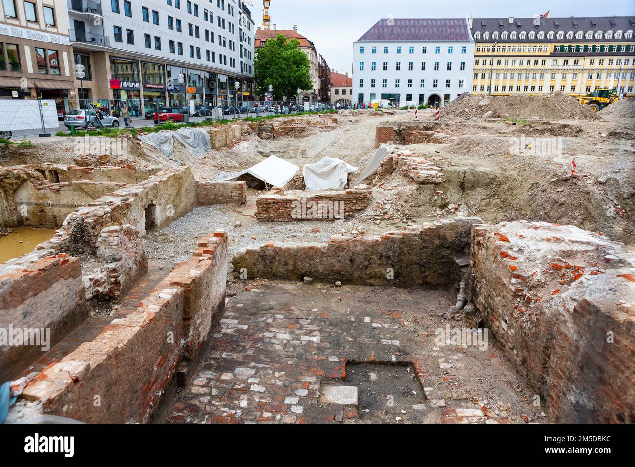 Munich, Germany - July 4, 2011 : Excavation works on Weinstrasse (street). Unearthing some of Munich history Stock Photo
