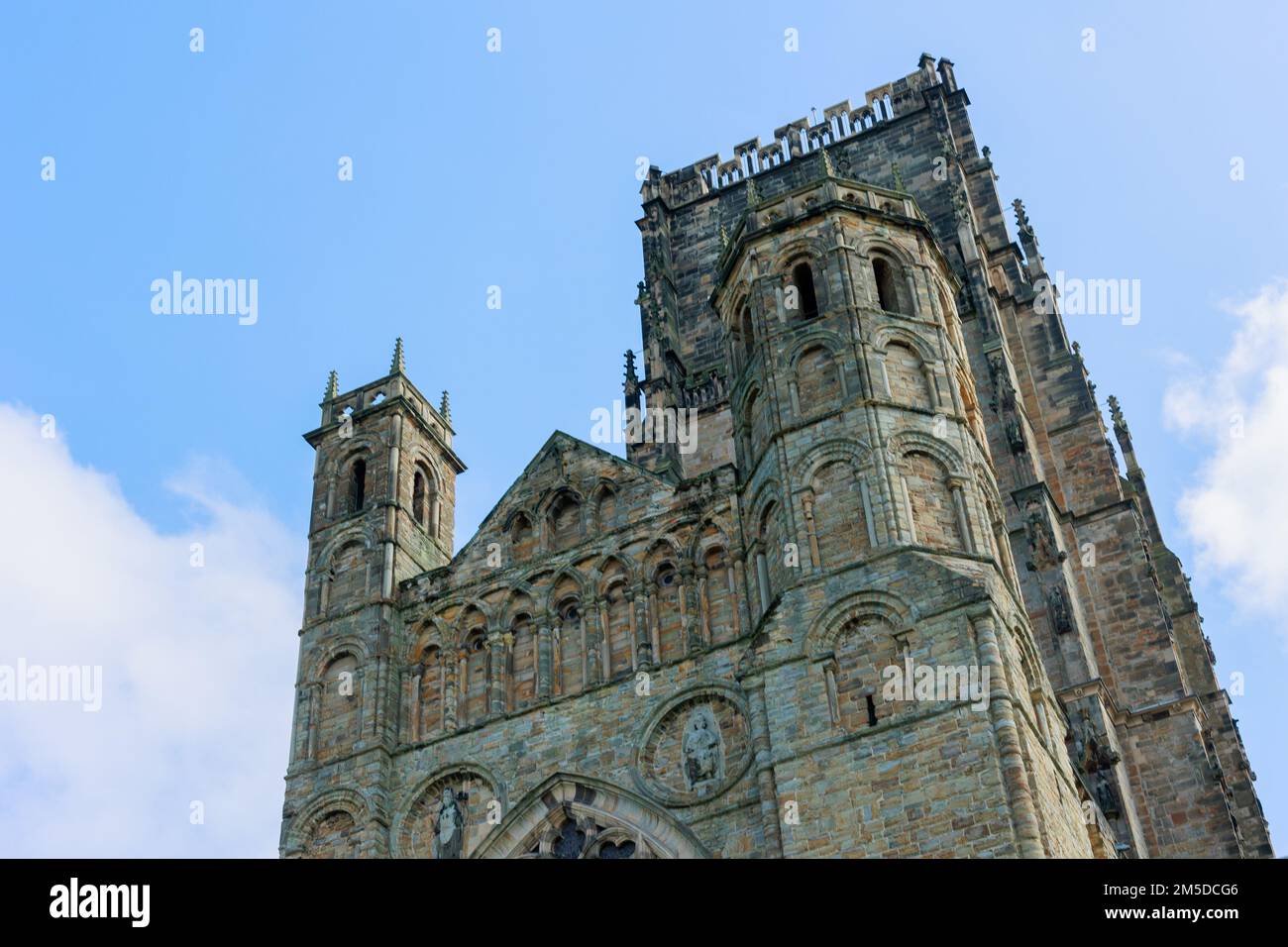 Durham England: 2022-06-07: Durham Cathedral exterior during sunny summer day. Closeup view Stock Photo