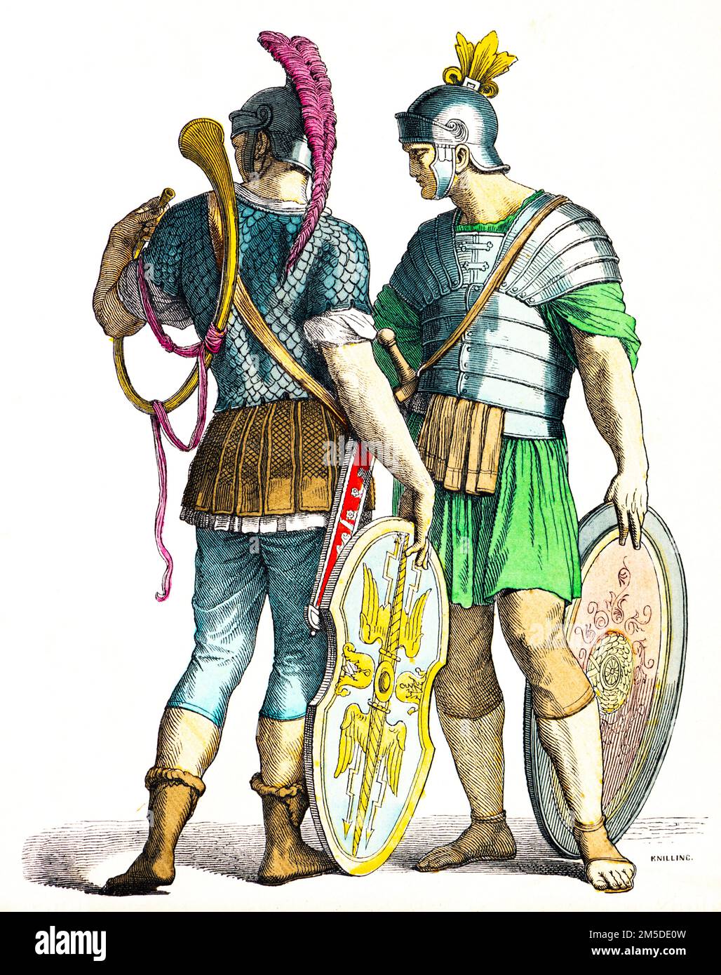 Historical costumes of  two Roman soldiers, colored  historical illustration, Münchener Bilderbogen, München 1890 Stock Photo