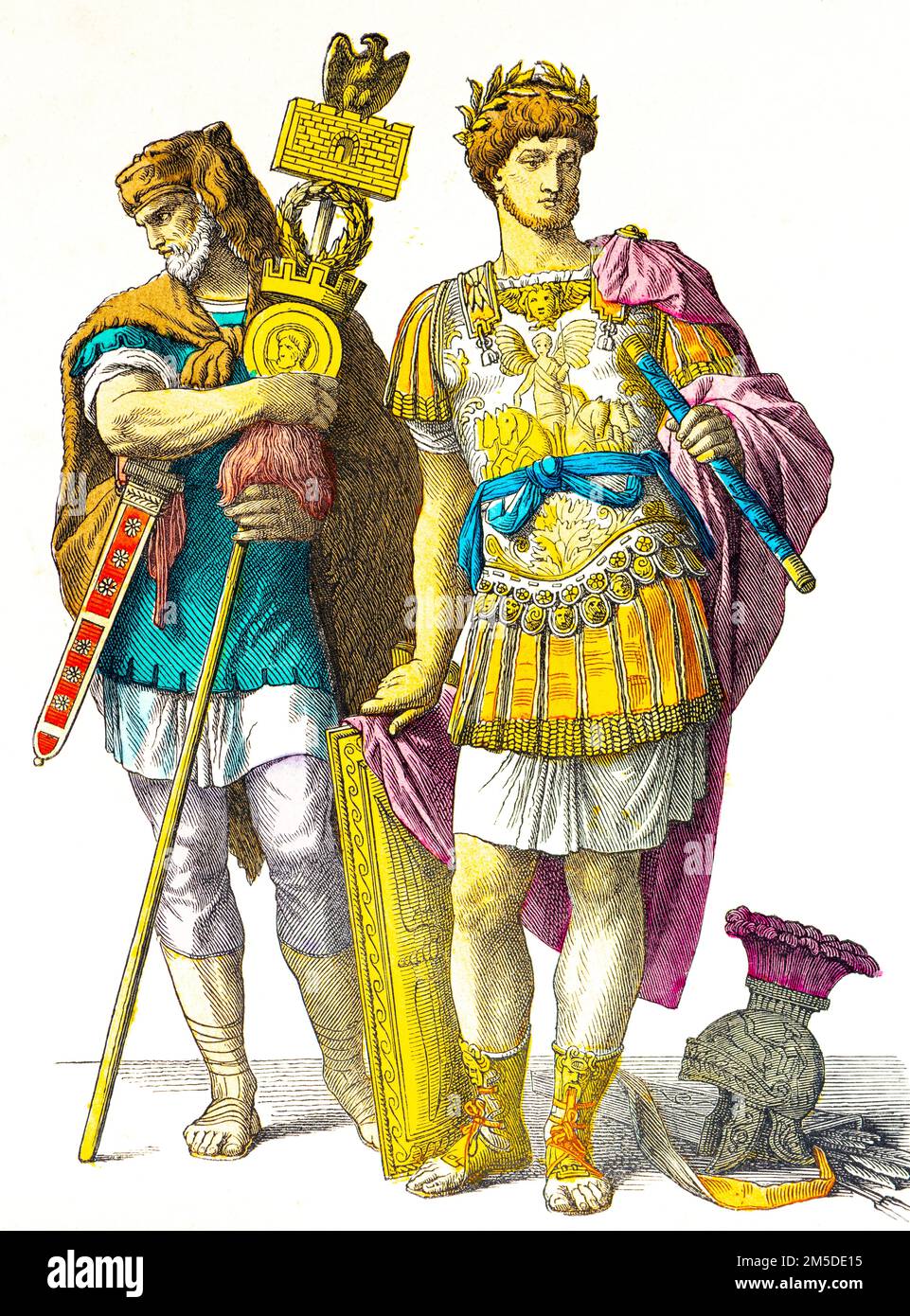 Historical costumes of  two Roman soldiers, colored  historical illustration, Münchener Bilderbogen, München 1890 Stock Photo