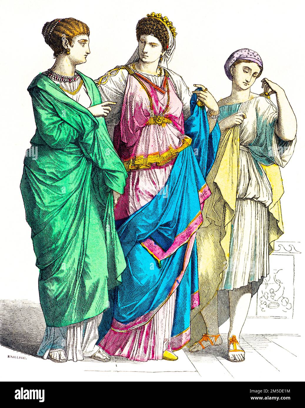 Historical costumes of  three Roman women, colored  historical illustration, Münchener Bilderbogen, München 1890 Stock Photo