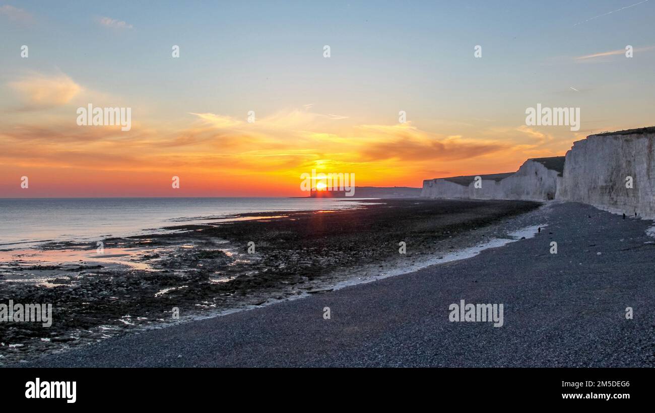 Sunset over the Seven Sisters Cliffs at Birling Gap, East Sussex. Stock Photo