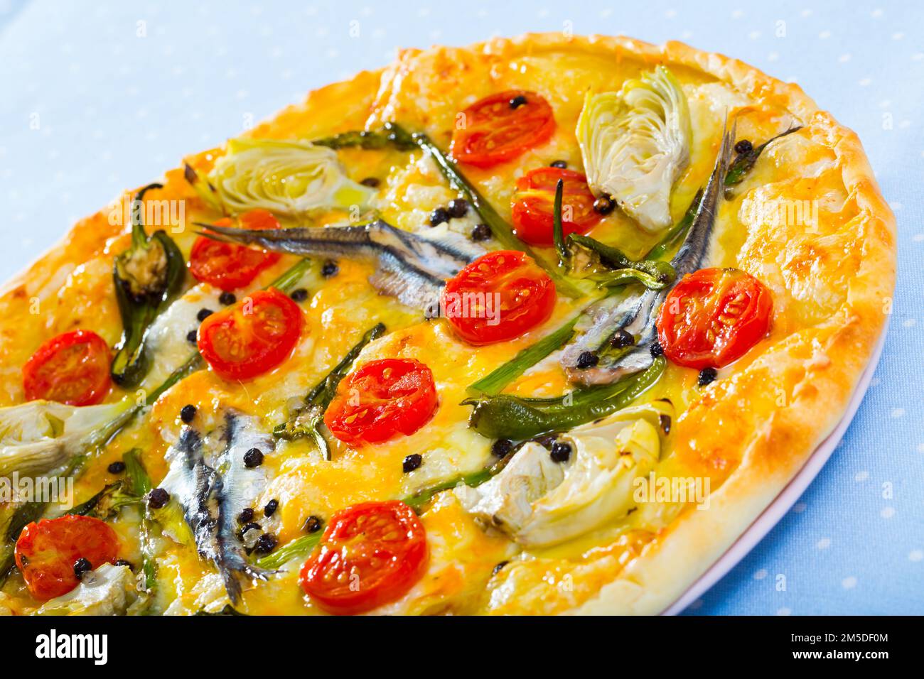 Pizza with anchovies, sundried tomatoes, artichokes, cheese Stock