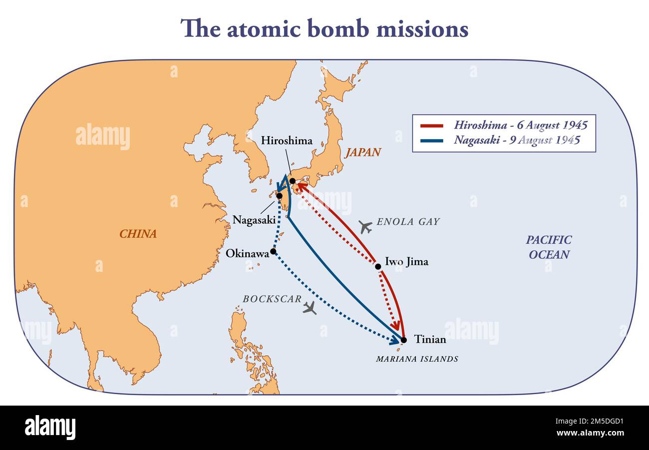 Flight map of the atomic bomb missions in Hiroshima and Nagasaki in 1945 Stock Photo