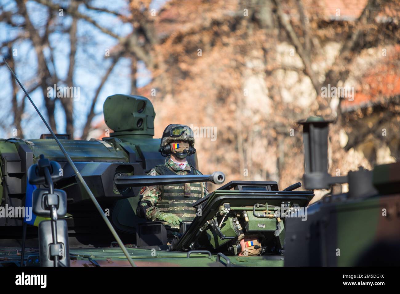 Bucharest, Romania - December 1, 2021: Romanian army soldier sits on a ...