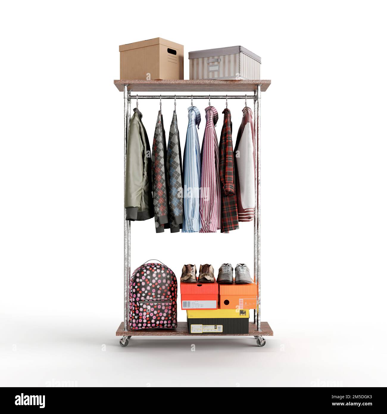 A wardrobe with clothing rack and the boxes on a white background Stock ...