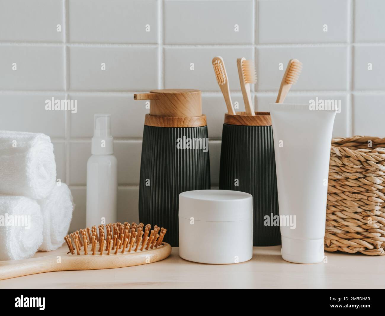 Bath background front view with straw box, container with toothbrushes