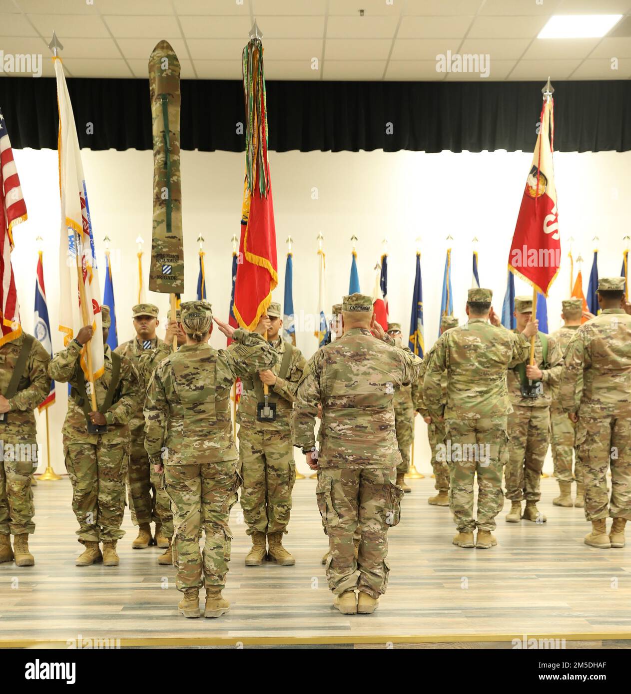 Col. Carrie L. Perez and Command Sgt. Maj. Ernesto Castillo of 36th Sustainment Brigade Accepted authority from 3rd Division Sustainment Brigade, 3rd Infantry Division’s Col. David Key and Command Sgt. Maj. Denice Malave by hosting a Transfer of Authority Ceremony on March 04, 2022 on Camp Arifjan, Kuwait. Stock Photo