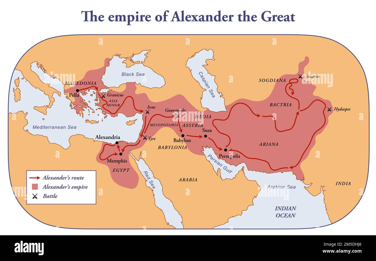 The empire, route and battles of Alexander the great from Greece to India Stock Photo