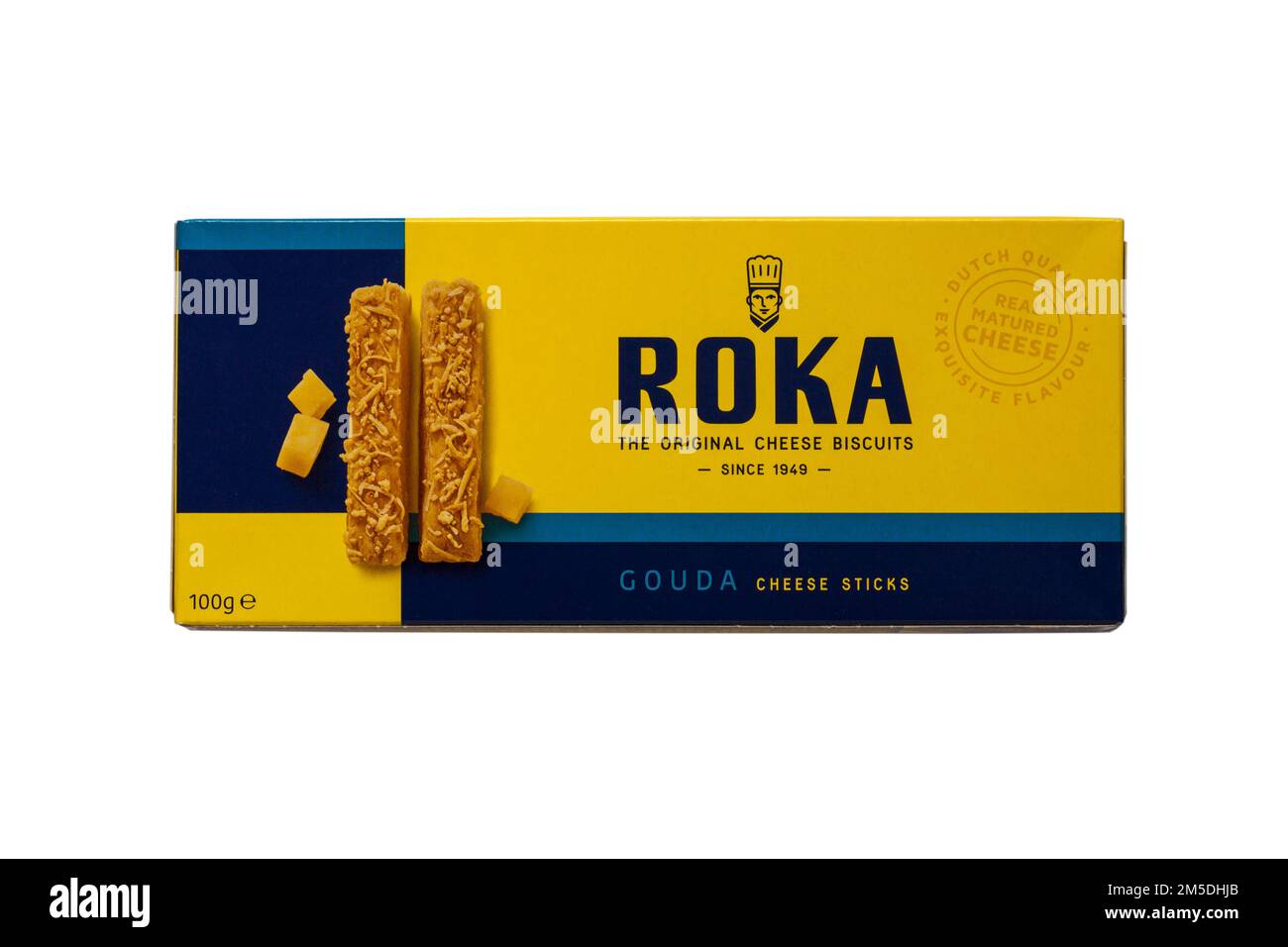 Box of Roka Gouda cheese sticks the original cheese biscuits isolated