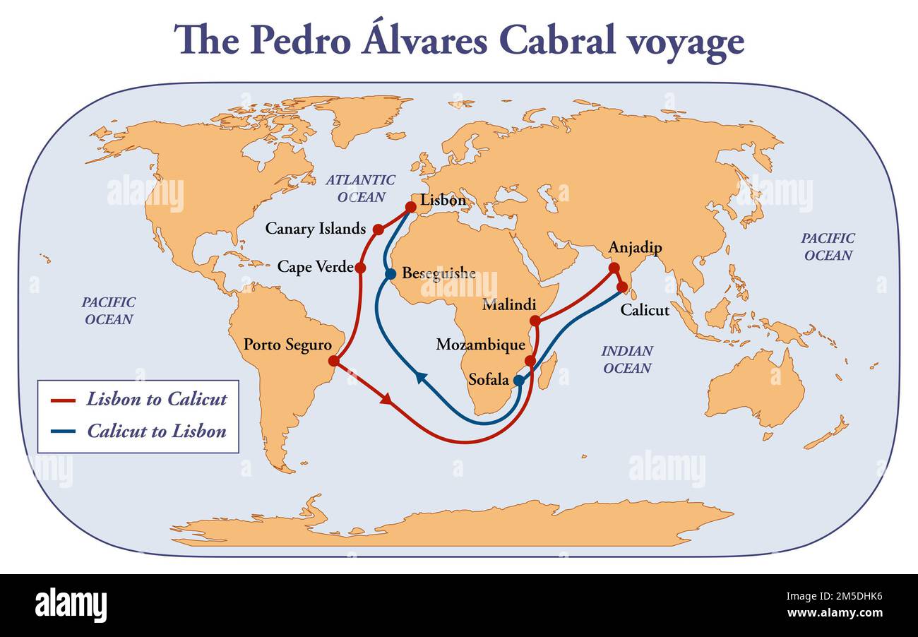 Map with the route of Pedro Alvares Cabral voyage Stock Photo