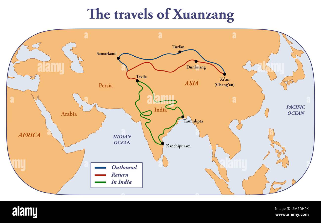Map of the voyages of Chinese traveler Xuanzang Stock Photo