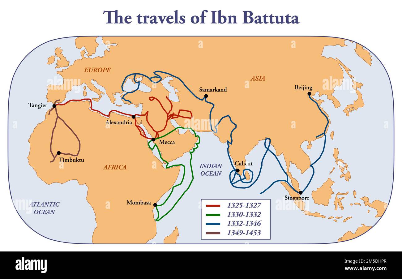 Map of the travels of scholar and explorer Ibn Battuta Stock Photo