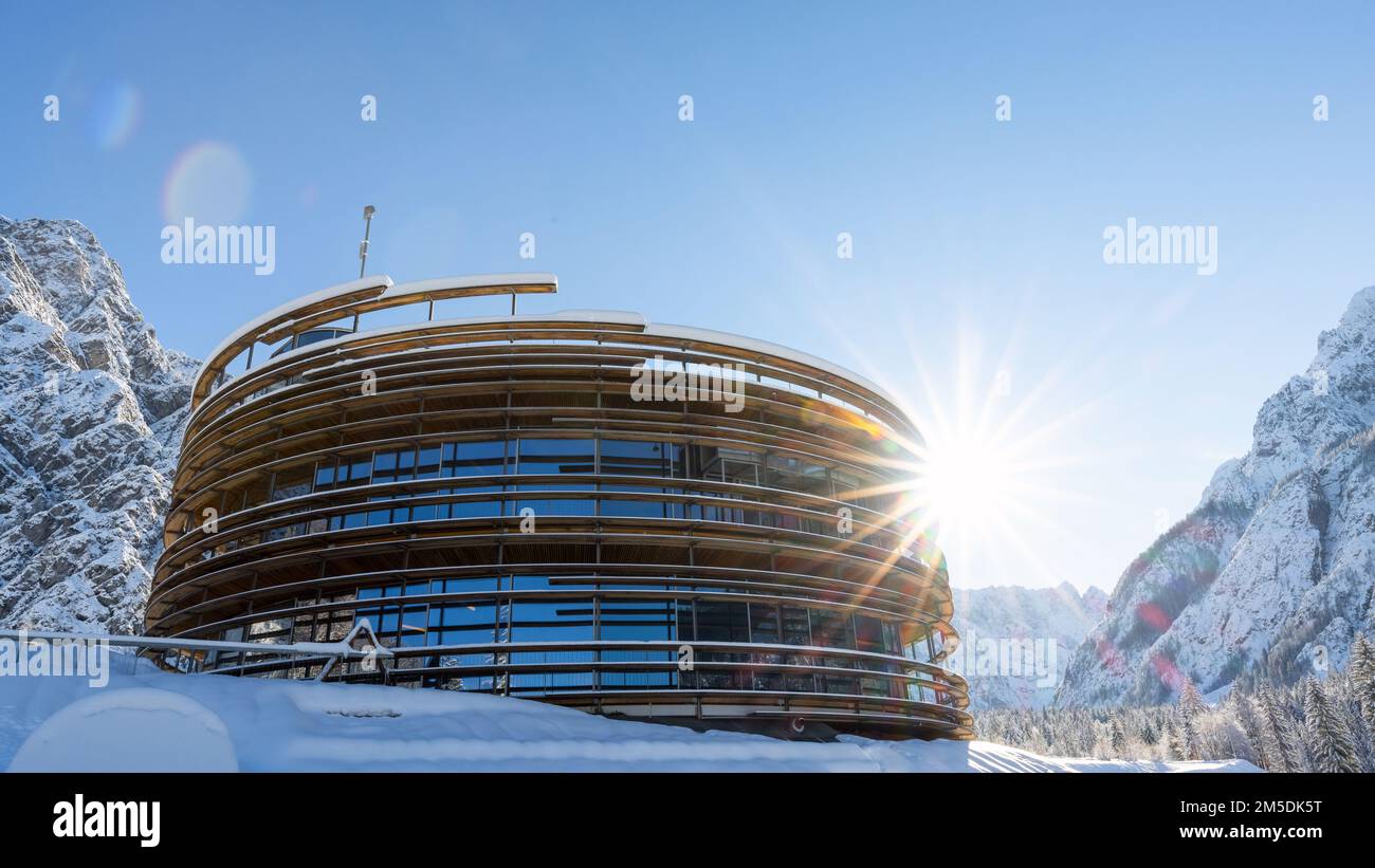 Slovenia, Ratece - 12 December 2022: Ski Jump in Planica near Kranjska Gora Slovenia covered in snow at winter time. Stock Photo
